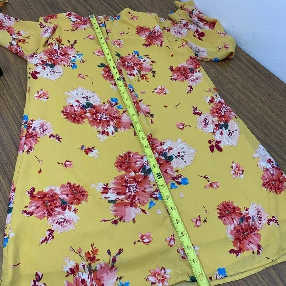 AUW Floral Short Dress Small Yellow Red‎ Sheer Lined Long Bell Sleeve  Key Hole - Picture 13 of 13